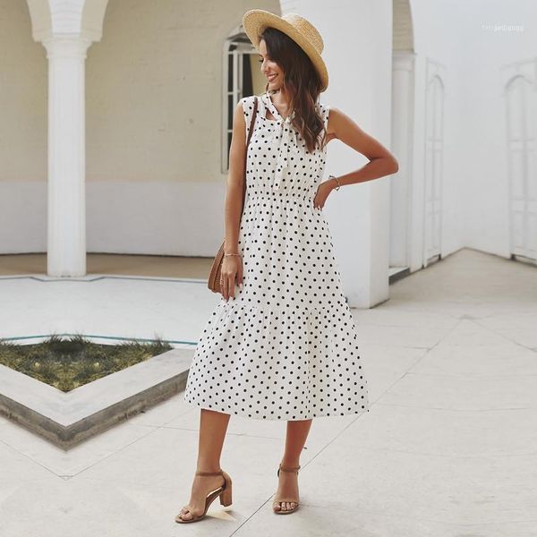 

spring summer dot dress womnen sleeveless casual cotton lace up 2021 1, Black;gray