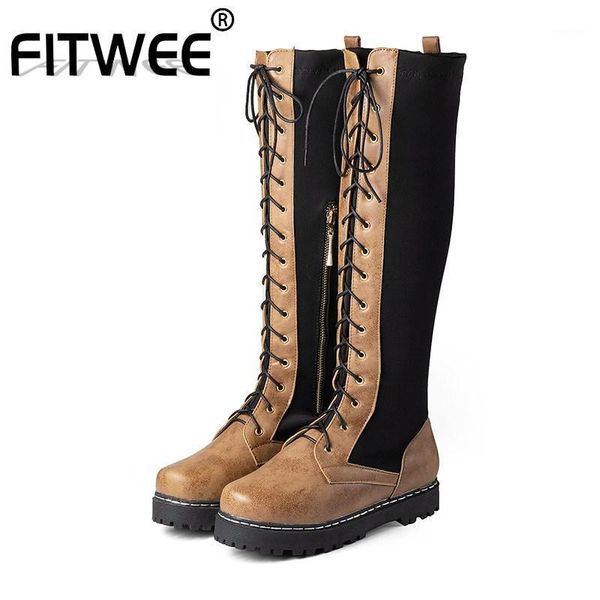 

boots fitwee woman knee high mixed color stretch flats shoes winter fashion long botas footwear size 34-431, Black