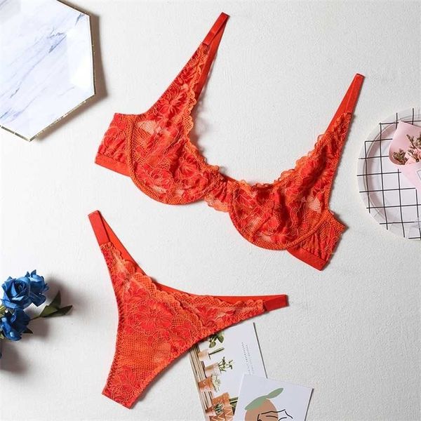 

lingerie deep-v floral embroidery underwear push up underwire bra transparent erotic brief sets intimate wholesale 211104, Red;black