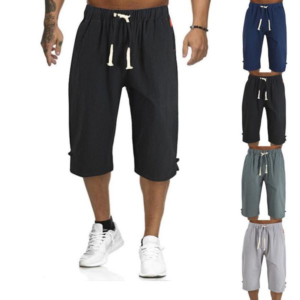 

men's shorts summer casual solid color knee length cotton lace up pants plus size, White;black