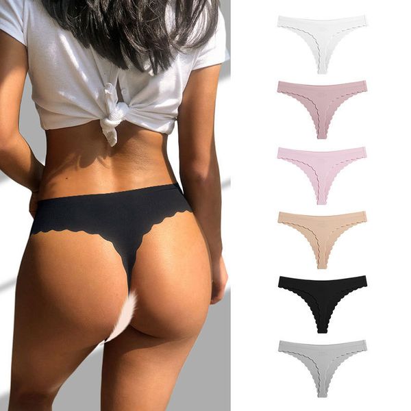 

solid color traceless thongs low waist women's underwear silk lingerie cotton bottom comfortable fit breathe y, Black;pink