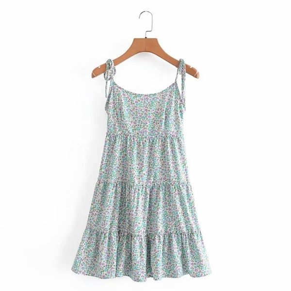 PUWD Dolce Donna Fiore Verde Menta Mini Sling Dress Summer Fashion Ladies Backless Beach es Girls Cute Ruffers 210522