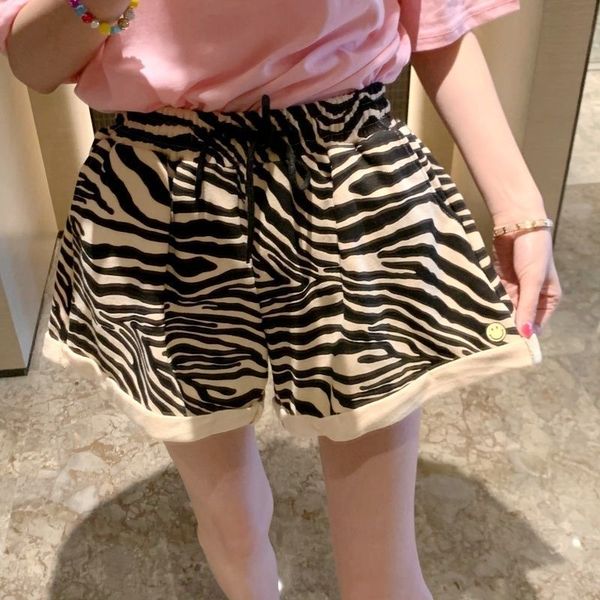 

zebra striped shorts women's summer loose high waist smiling face curling elastic waist wide leg pants large size versatile casual pant, White;black