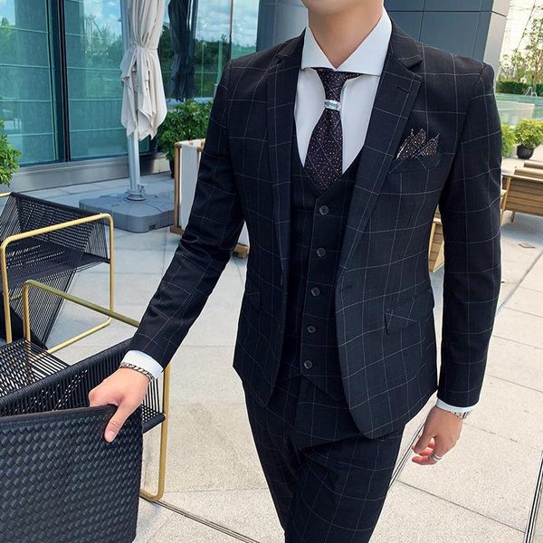 

spot men's gentleman slim suit plaid three-piece suits & blazers, White;black