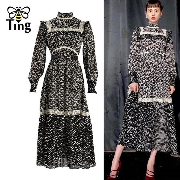 

casual dresses tingfly vintage designer floral print elegant midi long dress women party dinner lace patchwork vestidos sp robes, Black;gray