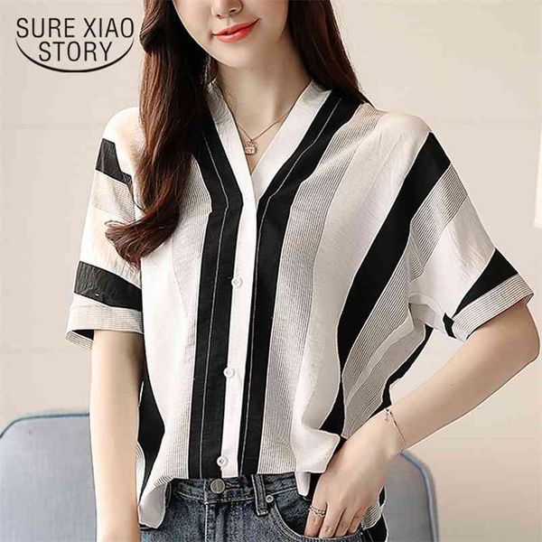 

fashion women and blouses striped short sleeve shirt causal feminine clothing plus size blusas 0746 30 210506, White