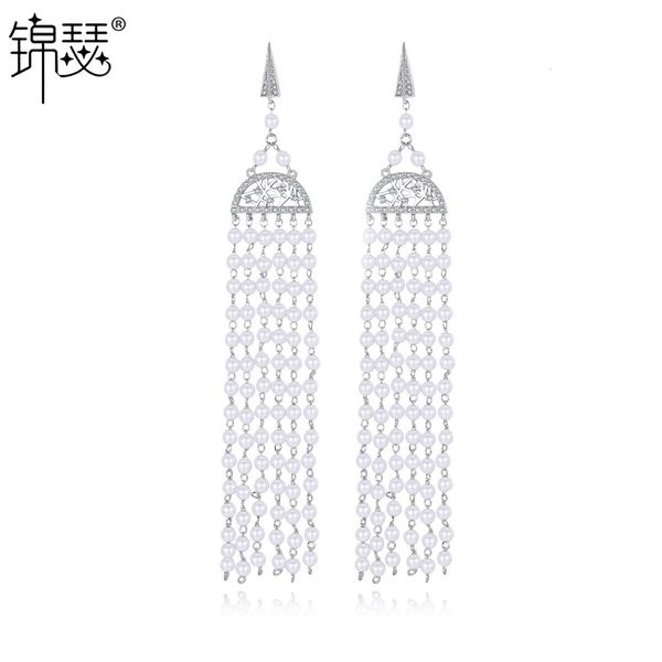 

jewelry charm stud floating curtain earrings long women's pearl tassel aaa zircon jewelry, Golden