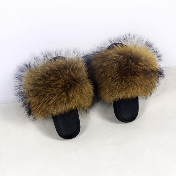 

slippers women raccoon fur real slides furry for female sandals with home cute plush shoes, Black
