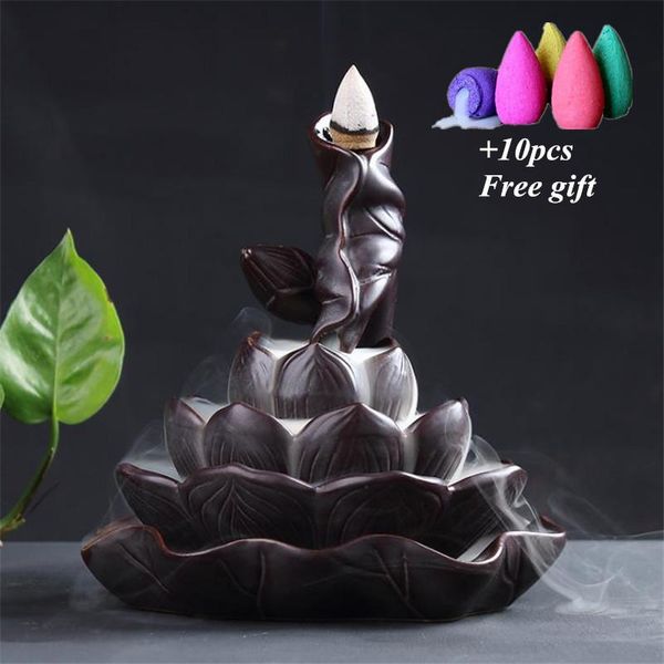 

fragrance lamps chinese antique lotus ceramic incense burner backflow zen buddhist cones holder home decor aroma censer+10pcs free