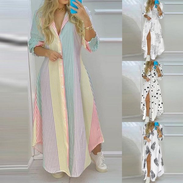 

casual dresses elegant women's lapel robe autumn sundress 2021 long sleeve maxi vestidos female striped shirt dress plus size, Black;gray