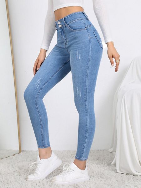 

cat whisker button fly skinny jeans 89od#, Blue