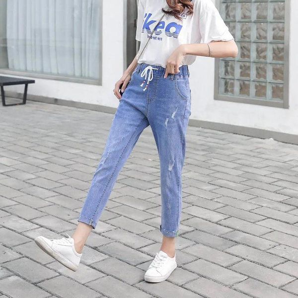 

women's jeans elastic waist korean fashion high loose large size casual, Blue