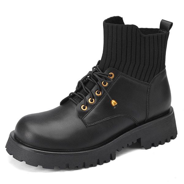 

boots genuine leather women ankle autumn working casual fashion cross-tied thick heels shoes woman sock 34-39, Black