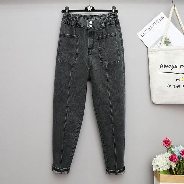 

women's stretch jeans trousers high waist plus size pants womens clothing loose casual black vintage cotton denim, Blue
