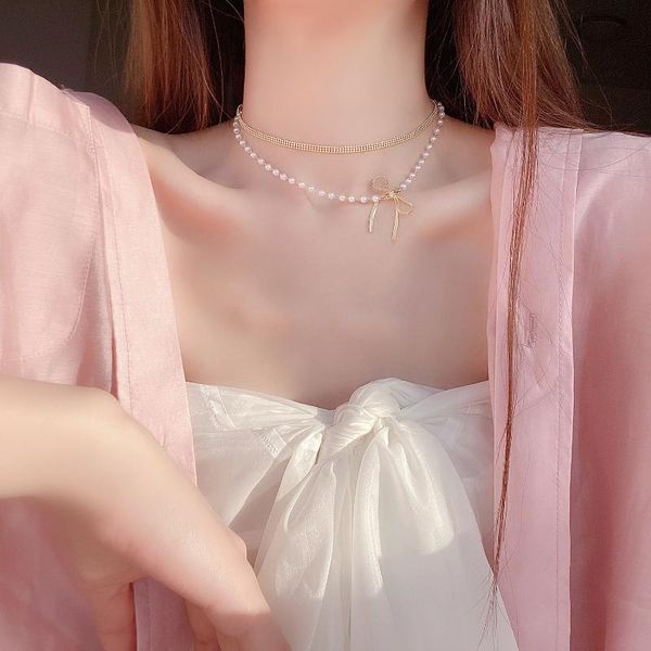 

pendant necklaces elegant pearl bowknot necklace for women korean style cute double layer chain jewelry girl gift, Silver