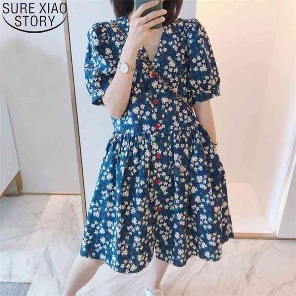 

french style short sleeve vintage floral dress women single breasted print loose high waist v-neck a-line es 14501 210506, Black;gray