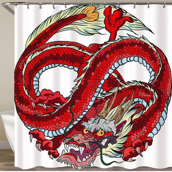 

shower curtain set with 12 hooks,infinity red dragon in circle isolate on white background,decorative bath curtain modern