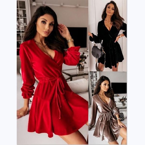 

casual dresses winter women mini dress 2021 elegant lantern sleeves slim plus size 3xl, Black;gray