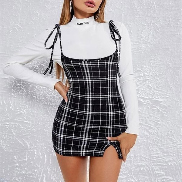 

40 sleeveless plaid print womens dress vintage suspender split buttock versatile mini vestidos longos de verao, Black;gray
