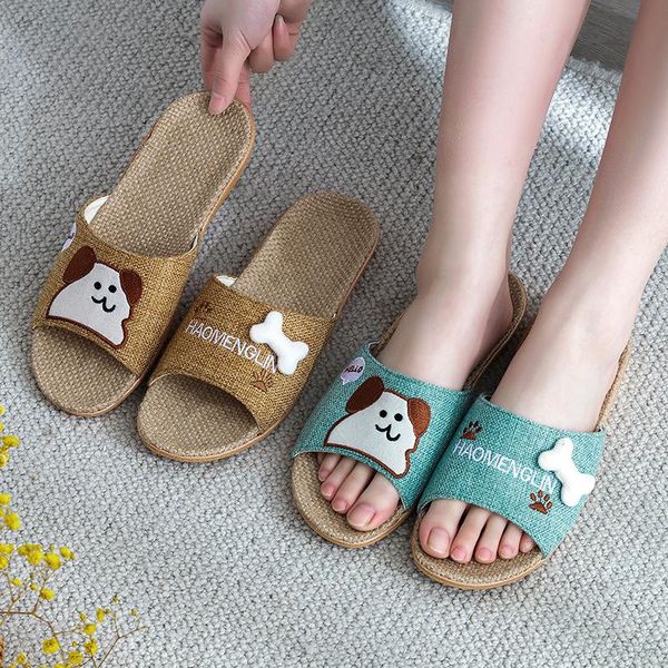 

bear linen slippers women summer home natural indoor sandals men shoes, Black