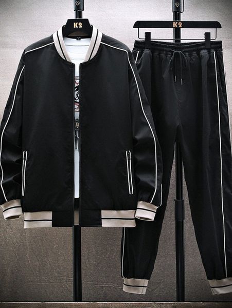 

men contrast piping striped trim bomber jacket & pants without u54e#, Gray
