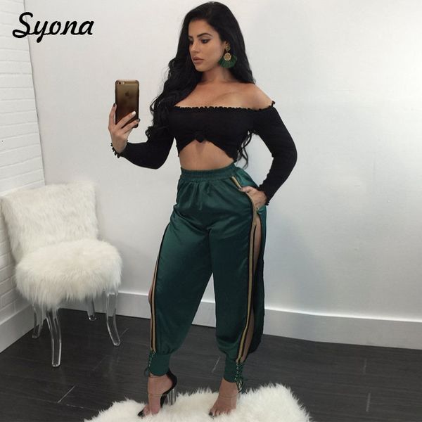 

jean harem women's open side cleft leg highwaisted loosen stripe high waist pants split ankle tie green party summer club, Blue