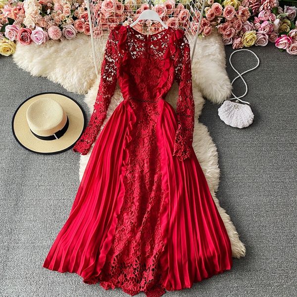 

vintage red/yellow/white hollow out lace party long dress women elegant o-neck pleated vestidos female chiffon robe spring fall, Black;gray