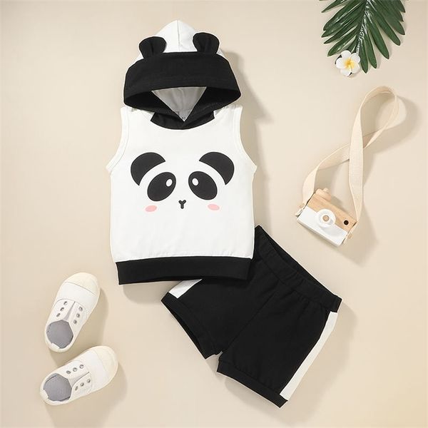 CRIANÇAS DE VERÃO Sets Casual Sem Mangas Panda Hat Impressão Hoodies Patch Preto Shorts 2 Pcs Meninas Meninos Roupas Set 0-210629