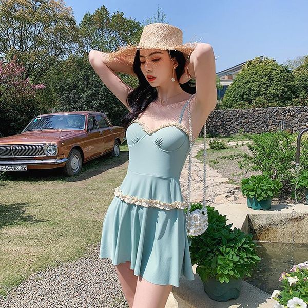 

one-piece suits women's one piece swimsuit ruffle beach bathsuit push up swimwear boyshort monokini korea style swim dress pad 2021