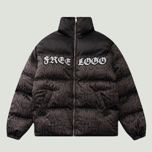 

men's down & parkas winter hip hop snakeskin python pattern print color block stand collar zipper thick warm casual loose jackets male, Black