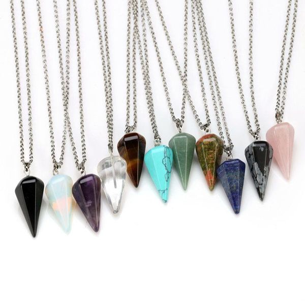 

natural stone chakra hexagonal cone gemstone necklace for women crystal pendulum reiki healing pendent charm necklaces wholesale price, Silver