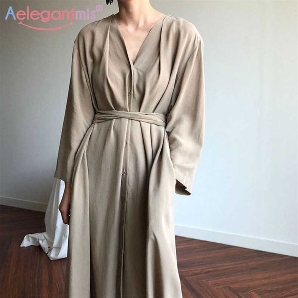 Aelegantmis Primavera Solta Camisa Vestido Mulheres V Neck Sashes Oversize Longo Blusas Feminino Coreano Lace Up Casual Vintage 210607