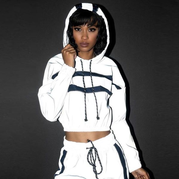 

women's hoodies & sweatshirts 2021 women silver pactwork crop hooded elastic drawstring pant tracksuit reflective two pieces sets, Black