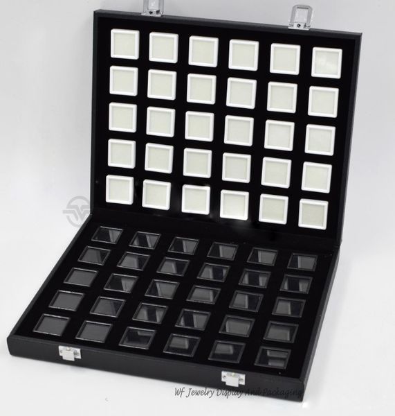 Tragbare schwarze PU-Reise-Edelsteinbox, Edelstein-Aufbewahrungsbox, Schmucktablett, Steinhalter, Organizer mit 60 Stück 3 x 3 cm großen Diamantboxen