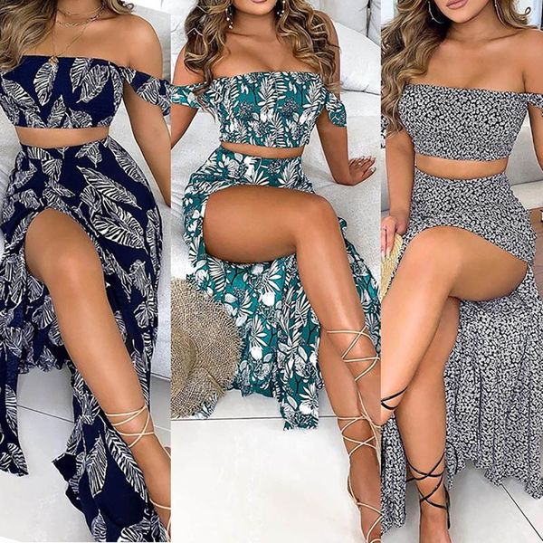

casual dresses 2pc dress women summer print long tube split party bohemian beach, Black;gray