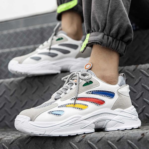 

2021 autumn leather men's sports shoes thick bottom color matching daddy breathable fashion casual