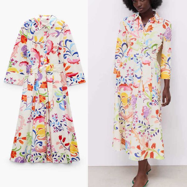 

za vintage print long shirt dress women long sleeve tied self belt office lady dresses female button up pleat summer dress 210602, Black;gray