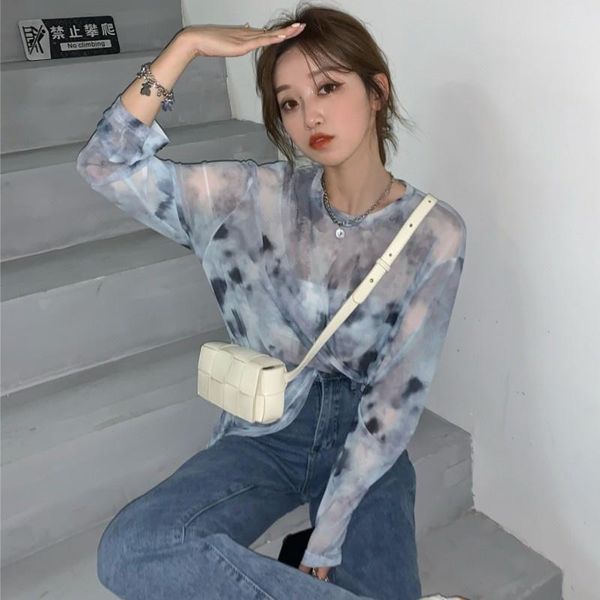

women's tanks & camis tie dyed sunscreen mesh long sleeve t-shirt women's summer loose perspective ice thin stacked bottom shirt tr, White