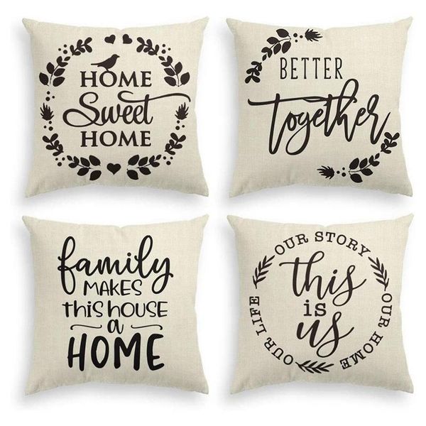 

pillow case family saying throw cover, 18 x inch farmhouse home holiday daily life cushion for sofa couch set of 4