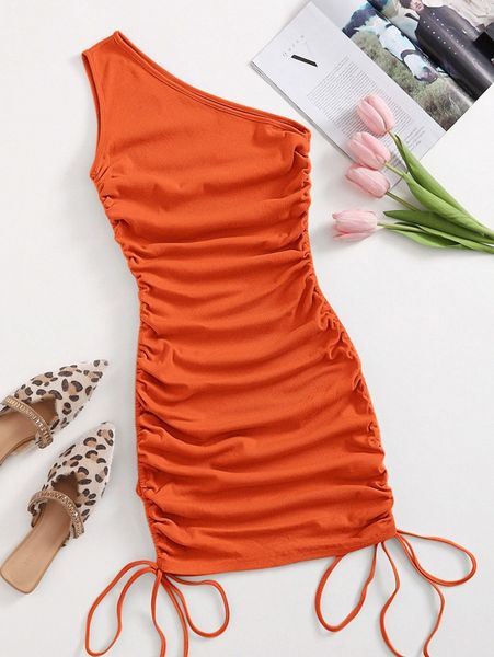 

one shoulder ruched knot side bodycon dress p81v#, Black;gray