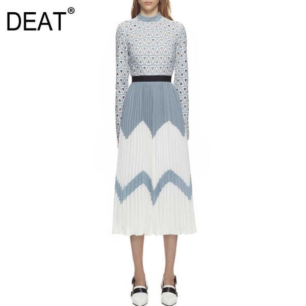 

[deat] spring summer fashion round neck high waist knee-length lace splicing long sleeve hollow out dress 13c477 210527, Black;gray