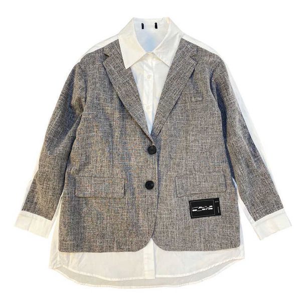 

perhaps u women white shirt gray blazer patchwork pocket button notch collar blazer oversize spring autumn fall c0328 210529, White;black