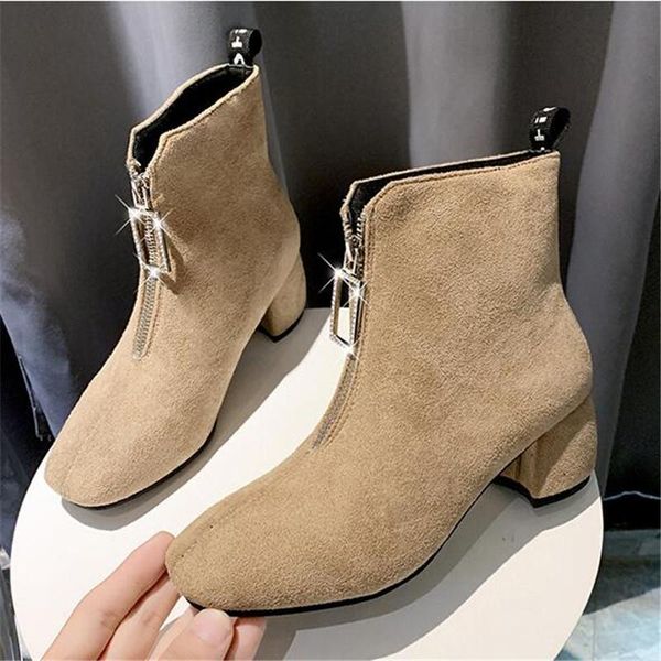 

boots size 35-42 women autumn winter square toe female heel ankle ladies cow suede plush warm front zipper booties, Black