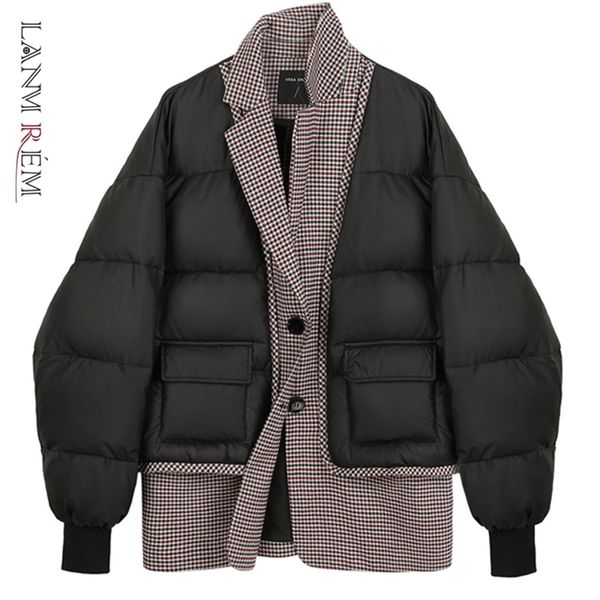 

lanmrem winter turn-down collar plaid patchwork single-breasted all-match stree wear black cotton padded jacket 2a2947 210819