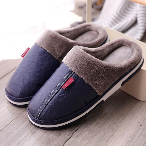 

slippers leather warm winter home non-slip thick house shoes cotton women men indoor flats plus size 37-461, Black