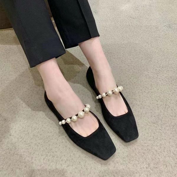 

sandals women's shoes pearl square toe black suede low heel flat single women