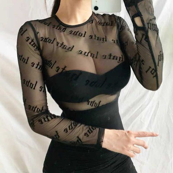 

personality letter printing thin section perspective shirt female nightclub club mesh t-shirt street 210604, White