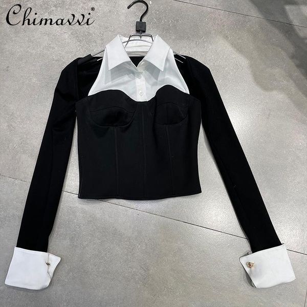 

women's blouses & shirts korean fashion stitching fake two-piece 2021 slim-fit ol all-match bottoming shirt elegant pullover blouse, White