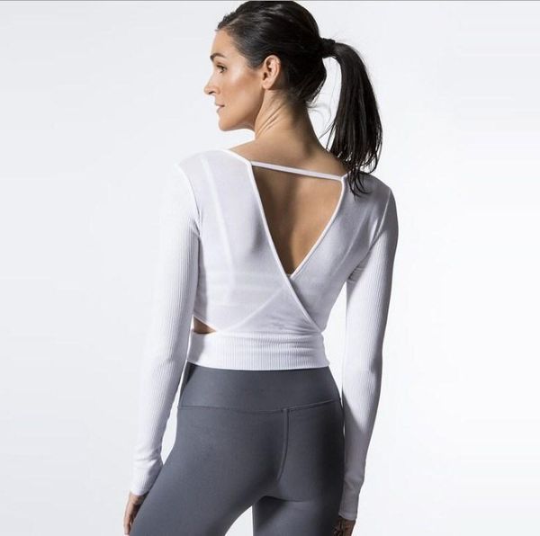 

alo 2021 spring and summer cross-back deep v side hollow yoga sports leisure long-sleeved t-shirts outfit
