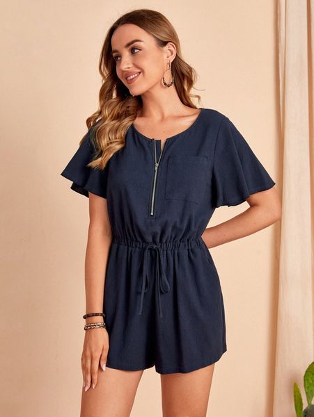 

emery rose butterfly sleeve half zip elastic waist romper h64e#, White